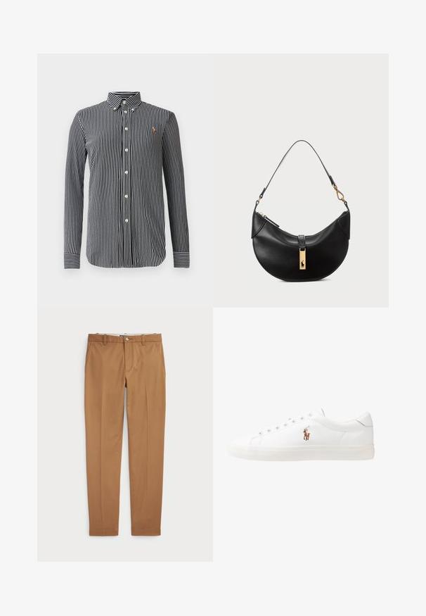 Pruhovaná košile s knoflíky v námořnické modré a bílé barvě, disponující klasickým límcem, dlouhými rukávy a malým logem na hrudi.; Hnědé bavlněné kalhoty s úzkým střihem, plochým předním dílem a standardními kapsami; hladký povrch a lemované manžety.; Bílé kožené tenisky, nízký střih, s hladkým povrchem, kulatou špičkou, šněrováním v přední části a malým vyšitým logem na boku.; Černá kožená kabelka ve tvaru půlměsíce. Obsahuje zlaté kovové detaily a úzký popruh. Hladký povrch, zapínání na zip na vrchu.