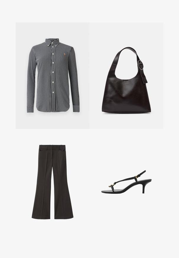 Prugasta košulja s gumbima u mornarsko plavoj i bijeloj boji, s klasičnom ovratnikom, dugim rukavima i malim logotipom na prsima.; Crne široke hlače s visokim strukom; sadrže dva prednja džepa i glatku teksturu materijala. Pogodne za razne prigode.; Crne kožne sandale s kitten heel potpeticama, tankim trakama, zlatnom kopčom i minimalističkom petom za prste, na bijeloj pozadini.; Smeđa kožna torba preko ramena s glatkom teksturom, zaobljenim oblikom, širokim remenom i kružnim metalnim akcentom na ručki.