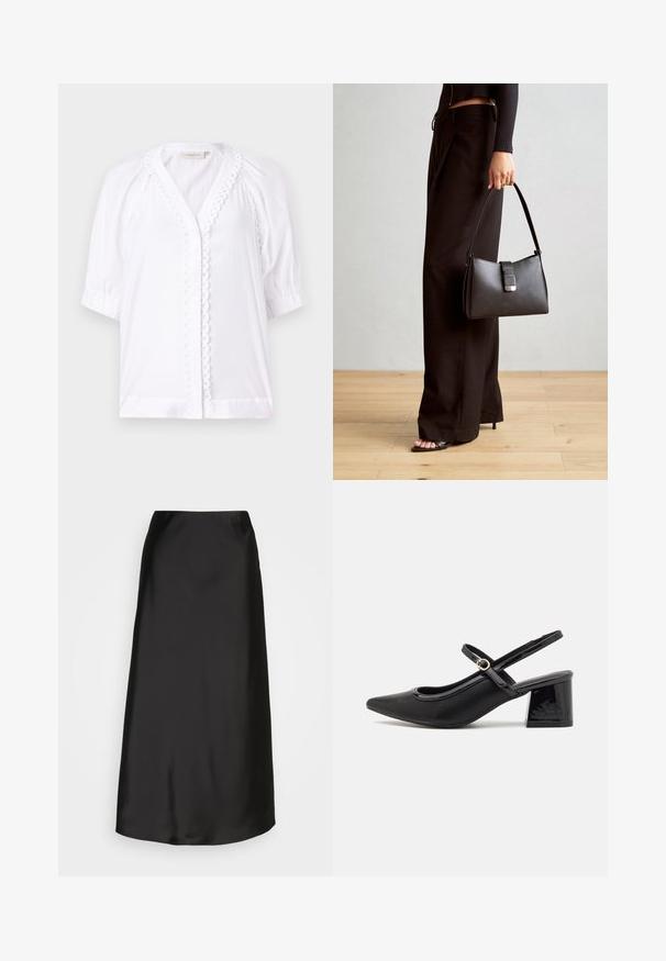 Biała bluzka z krótkimi bufkami, dekoltem w kształcie litery V, falbaną lamówką wzdłuż zapięcia i gładką teksturą materiału. Brak widocznych zapięć.; Czarna satynowa spódnica midi o gładkiej fakturze, w kształcie litery A i subtelnym połysku. Posiada elegancki, prosty fason bez zdobień.; Czarne lakierowane czółenka na słupku ze spiczastym noskiem, lekko zaokrąglonym wycięciem i obcasem w kształcie bloku. Posiadają złotą klamrę jako akcent dekoracyjny.; Czarna torebka o usztywnionym kształcie, gładkiej fakturze i metalowym zapięciem. Połączona z szerokimi czarnymi spodniami i sandałami na otwartym palcu na drewnianej podłodze.