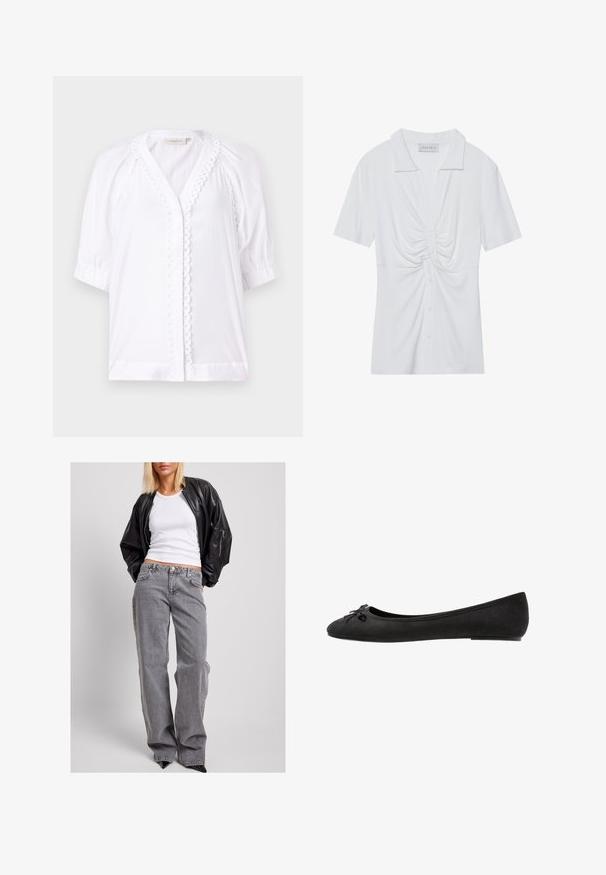 Vit blus med korta puffärmar, V-ringning, vågig kant längs placket, och slät tygkänsla. Inga synliga knäppningar.; Vit kortärmad blus med krage, som har en vriden knutdetalj framtill och en knappslå. Slät ribbtextur.; Svart läderbombarjacka, vit ribbad linne och hög midja grå denimjeans med lös passform, subtila sömmar och fickor med accent.; Svarta mocka ballerinas med rund tå, prydda med en dekorativ rosett framtill och en platt sula. Slät yta och klassisk form.