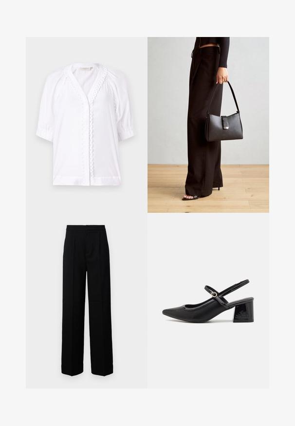Witte blouse met korte poffertjesmouwen, V-hals, gekartelde afwerking langs de sluiting, en een gladde stoftextuur. Geen zichtbare sluitingen.; Zwarte wijd uitgesneden broek met een gladde textuur, voorzien van een rechte voorkant, plooien en een genaaide tailleband. Geen zichtbare hardware of patronen.; Zwarte gepolijste leren slingback hakken met een spitse neus, een ronde uitsnede en een blokhak. Voorzien van een gouden gespaccent.; Zwarte handtas met gestructureerde vorm, gladde textuur en een metalen sluiting. Gecombineerd met brede zwarte broeken en sandalen met open teen op een houten vloer.