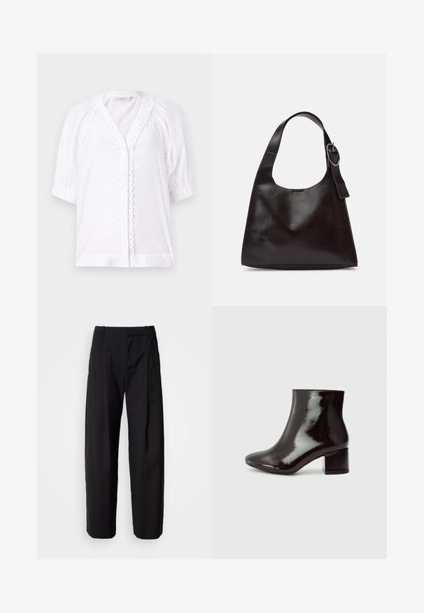 White blouse with short puff sleeves, V-neckline, scalloped trim along the placket, and smooth fabric texture. No visible closures.; Black trousers with a relaxed fit, pleated front, and belt loops. Smooth fabric and straight legs, featuring side pockets.; Black patent leather ankle boots with a pointed toe and a chunky heel. Smooth texture with a subtle sheen and clean lines, minimalist design.; Brown leather shoulder bag with a smooth texture, rounded shape, wide strap, and circular metallic accent on the handle.