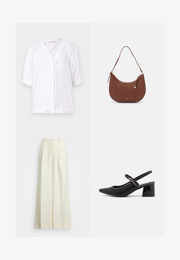 Fehér blúz rövid puffos ujjal, V-nyakkivágással, ívelt szegéllyel a gomboláson, és sima anyagú textúrával. Nincsenek látható záródások.; Széles szárú, natúrfehér anyagú nadrág, magas derékkal, dupla redőkkel és gombos záródással. Sima textúra és igényes szabás.; Fekete lakk bőr, pántos magassarkú cipő, hegyes orral, lekerekített kivágással és tömbsarkal. Arany színű csat díszíti.; Barna műbőr válltáska ívelt formával, minimális varrással és arany színű kiegészítőkkel. Jellemzője a felső cipzáras záródás és állítható pánt.