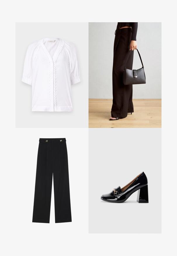 Biela blúzka s krátkymi naberanými rukávmi, výstrihom v tvare V, jemne zúbkovaným lemovaním pozdĺž gombíkovej légy a hladkou textúrou látky. Bez viditeľných zapínaní.; Čierne široké nohavice s vysokým pásom, so zapínaním na gombíky na páse a prednými sklady.; Čierne lakované kožené topánky na vysokom podpätku s ostrou špičkou a blokovým podpätkom. Obsahujú dekoratívny remienok a detail pracke na prednej časti.; Čierna kabelka so štruktúrovaným tvarom, hladkou textúrou a kovovou sponou. V kombinácii so širokými čiernymi nohavicami a sandálmi s otvorenou špičkou na drevenej podlahe.