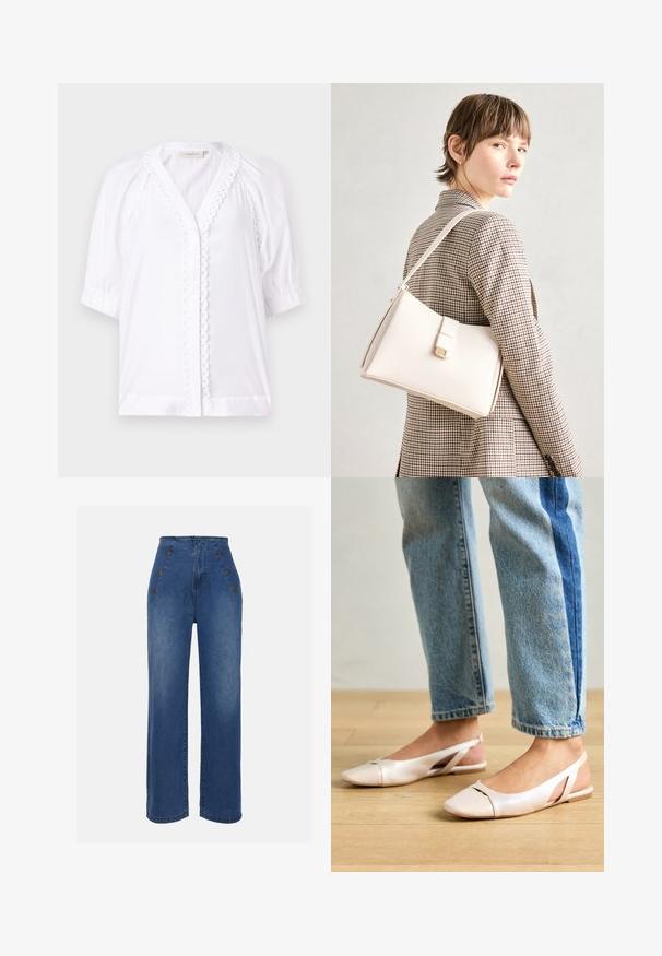 Balta palaidinė trumpomis pūstomis rankovėmis, V formos iškirpte, raukšlėtais kraštais aplink mygtukų juostą ir glotnia audinio tekstūra. Nėra matomų uždarymų.; Aukštos liemens džinsai, vidutinio mėlynumo. Yra priekiniai mygtukų akcentai ir plati kojų forma. Audinys turi lygią tekstūrą su lengvu apdailos nusidėvėjimu.; Šviesiai rožiniai slingback baleto bateliai su smailiu pirštu, pagaminti iš lygios odai panašios medžiagos. Yra išpjovimų detalės šonuose ir plokščias kulnas.; Balto odos rankinė su struktūrizuotu dizainu, turinti magnetinį užsegimą ir petnešą, demonstruojama prieš neutralią foną.