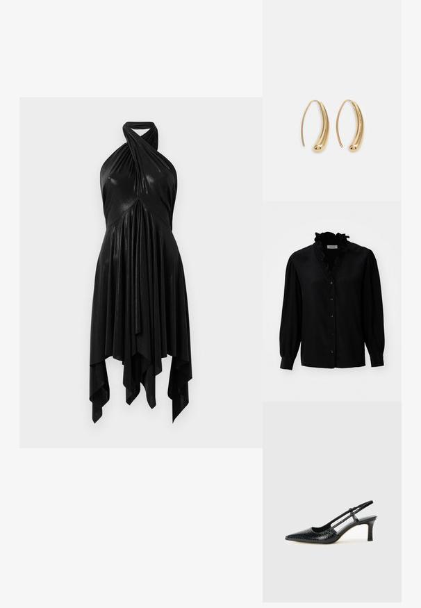 Zwarte blouse met een gerimpelde V-hals, lange puff sleeves en knoopsluiting. Gemaakt van een soepele stof met een lichte glans.; Zwarte halterjurk met een gedrapeerd ontwerp. Gemaakt van glanzend materiaal, voorzien van een gedraaide halslijn en een asymmetrische zoom. Soepele textuur.; Zwart patent slingback hak met een spitse neus, voorzien van een gestructureerde slangenprint, verstelbare band en een korte, gestructureerde blokhak.; Zwarte leren schoudertas met twee vo pockets, gouden gespen, ritsluiting en een smalle band. Tekstuur oppervlak en compacte rechthoekige vorm.; Gouden metalen oorbellen in de vorm van een gebogen, verlengde hoop. Kenmerkend zijn het gladde, glanzende oppervlak en de afgeronde punt voor extra detail.
