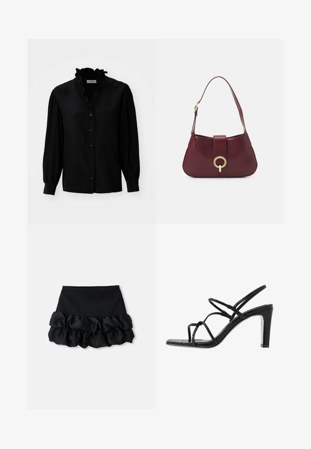 Svart blus med volang vid V-ringning, lång puffärmar och knappstängning. Tillverkad av ett mjukt material med en lätt lyster.; Svart minikjol med en åtsittande topp och tre lager volangtyg längst ner, med en mjuk textur och rena linjer.; Svarta klacksandaler med tunna remmar, en strukturerad yta, öppen tå och en elegant, spetsig klackdesign. Har en slät innersula och en glänsande yta.; Burgunderfärgad läderhandväska med rundad form, en guldfärgad cirkulär detalj och ett enda axelrem. Slät textur, minimalistisk design.
