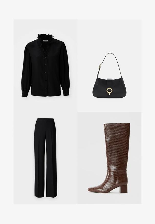 Blouse noire avec un décolleté en V à volants, des manches bouffantes longues et un fermoir à boutons. Fabriquée en tissu lisse avec un léger éclat.; Pantalons noirs à jambes larges avec une texture lisse, dotés d'une taille haute et de plis centraux. Pas de motifs visibles ni de détails en matériel.; Botte marron jusqu'aux genoux avec une texture en peau de serpent, bout carré et talon carré sur fond blanc uni.; Sac à main en cuir noir avec une silhouette arrondie, une courte bandoulière, un matériel doré central et une texture lisse. Aucun motif ni accent visible.