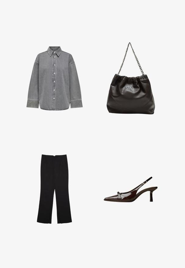 Camicia in denim grigia con design a bottoni sul davanti, colletto classico e maniche lunghe con polsini. Tessuto morbido e vestibilità rilassata.; Pantaloni neri a gamba dritta, con tasche frontali e spacchi laterali all'orlo. Realizzati in tessuto morbido e liscio. Adatti a diverse occasioni.; Scarpa slingback in pelle verniciata marrone con punta appuntita, tacco basso e un accentuato fiocco decorativo nella parte anteriore. Texture liscia e lucente.; Borsa in pelle marrone con parte superiore arricciata e tracolla a catena. Texture liscia con finitura lucida e dettagli di cucitura sottili sui lati.