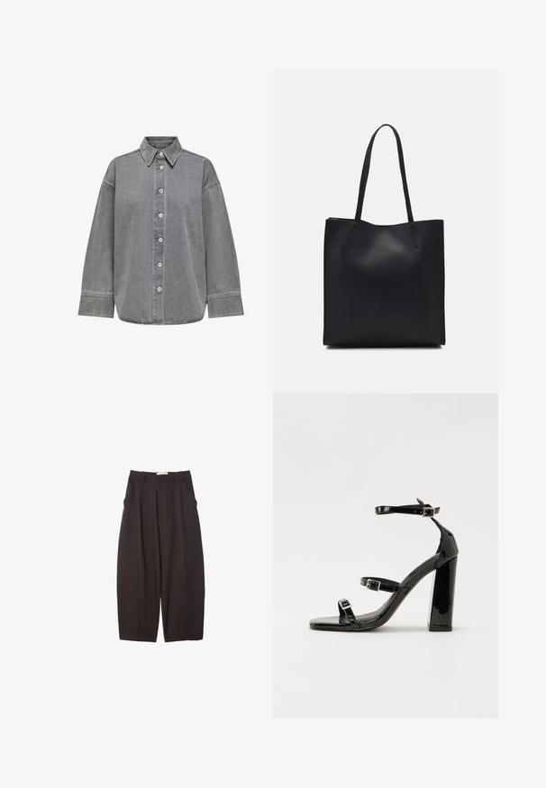 Grå denimskjorte med knapfront, klassisk krave og lange ærmer med manchetter. Glat tekstur og afslappet pasform.; Sorte brede bukser lavet af et glat stof, med høj talje, forfaldne folder og sidelommer. Simpelt design uden udsmykninger.; Sorte patenterede hælsandaler med firkantet tå, ankelremme og sølvspænder. Har en chunky blokHæl for stabilitet.; Sort læder tote taske med glat tekstur, rektangulær form og to lange hanke. Ingen synlig hardware eller udsmykninger.