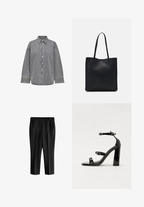 Grå denimskjorte med knapfront, klassisk krave og lange ærmer med manchetter. Glat tekstur og afslappet pasform.; Sorte cropped bukser med en afslappet pasform, elastisk talje og to frontlommer. Stoffet har en glat tekstur med en let blank overflade.; Sorte patenterede hælsandaler med firkantet tå, ankelremme og sølvspænder. Har en chunky blokHæl for stabilitet.; Sort læder tote taske med glat tekstur, rektangulær form og to lange hanke. Ingen synlig hardware eller udsmykninger.