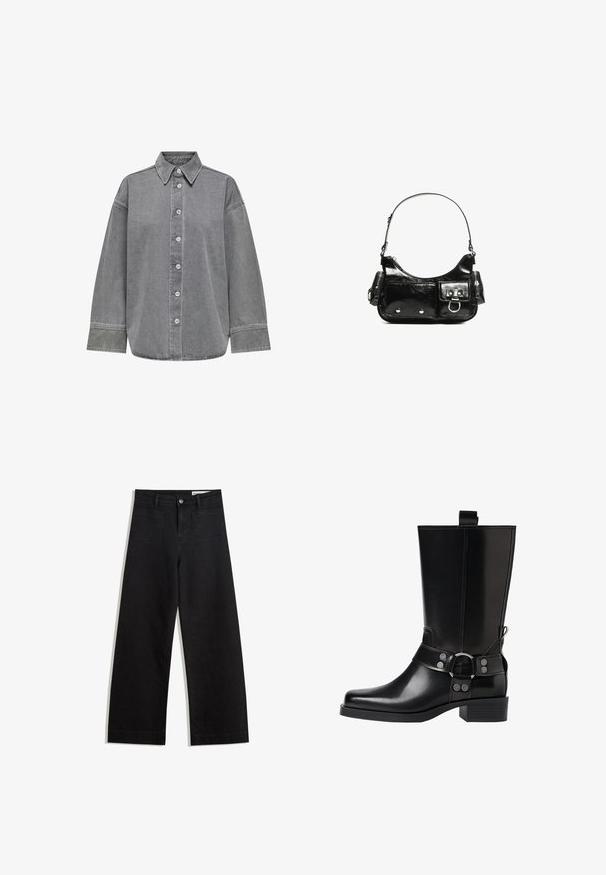 Grå denimskjorte med knapfront, klassisk krave og lange ærmer med manchetter. Glat tekstur og afslappet pasform.; Sorte wide-leg denim bukser med høj talje, der har front- og baglommer, syede sømme og en knaplukning. Glat tekstur.; Sort læderknæhøj støvle med spids tå, sølv spænde detaljer og en robust hæl. Har en trækflap for nem påtagning.; Sort patenteret læder håndtaske med en buet form, en skulderrem, frontlommer og hardware accenter i sølvfarve.