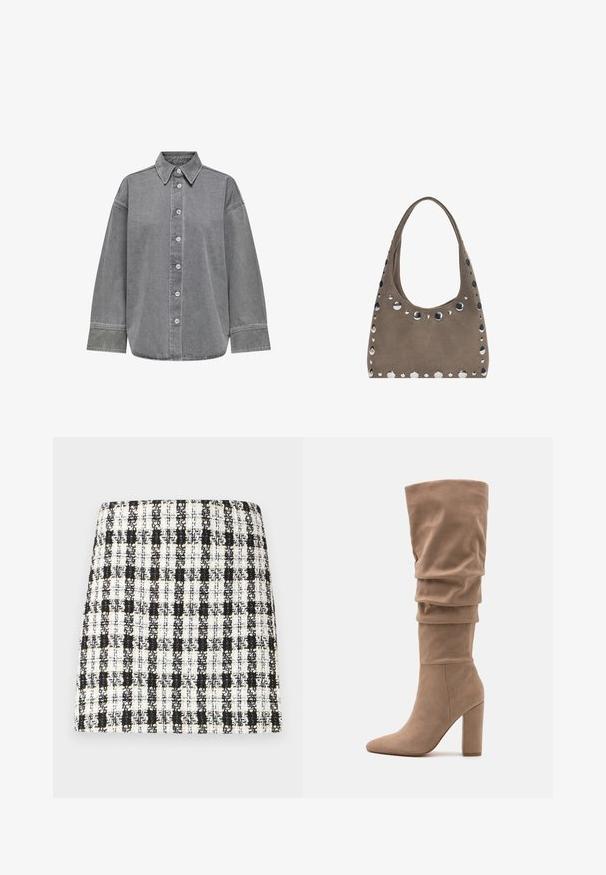 Sivi denim srajca z gumbi na sprednji strani, klasičnim ovratnikom in dolgimi rokavi s manžetami. Gladka tekstura in sproščen kroj.; Črno-bela karo krila iz teksturirane tkanine, s strukturiranim dizajnom, naravnost krojeno in z minimalnimi podrobnostmi.; Anna Field Škornji - beige; PULL&BEAR SHOPPER - Torba za nakupovanje - grey