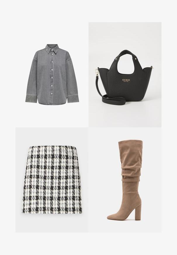 Hallide denim särgid, millel on nööbid ees, klassikaline kaelus ja pikad varrukad mansettidega. Sujuv tekstuur ja mugav lõige.; Mustvalge ruuduline seelik, mis on valmistatud tekstureeritud kangast, omades struktureeritud disaini otse lõike ja vähese kaunistusega.; Anna Field Saapad - beige; Musthave tekstuursed kott lühikeste sangadega ja eemaldatava õlavöödiga. Omab kuldset logoaktsenti. Kompaktne, struktureeritud kuju.