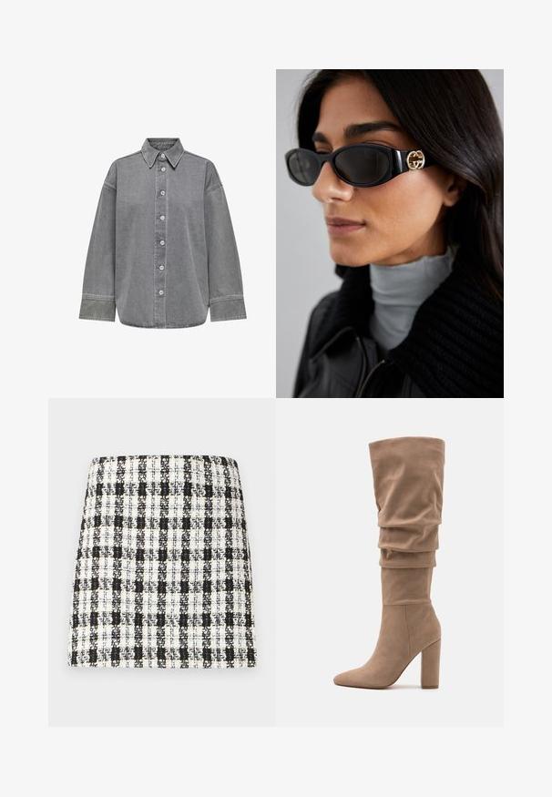 Graues Jeanshemd mit durchgehender Knopfleiste, klassischem Kragen und langen Ärmeln mit Manschetten. Glatte Textur und lockere Passform.; Schwarz-weißer Karorock aus strukturiertem Stoff, mit einem klaren Design, geradem Schnitt und minimalistisch gestalteten Details.; Anna Field Stiefel - beige; Schwarze Sonnenbrille mit einem schlanken rechteckigen Rahmen und einem goldenen Logo-Akzent an der Seite. Dunkle Gläser und glänzende Oberfläche sind auffällig.