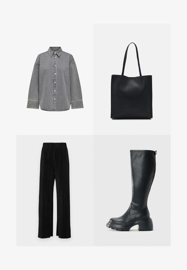 Gray denim shirt featuring a button-front design, classic collar, and long sleeves with cuffs. Smooth texture and relaxed fit.; Black pleated trousers with an elastic waistband. Features wide legs and a smooth, textured fabric with vertical stripes.; Tall black leather boot with chunky platform sole and block heel, featuring pull tab and textured tread on outsole.; Black leather tote bag with smooth texture, rectangular shape, and two long handles. No visible hardware or embellishments.