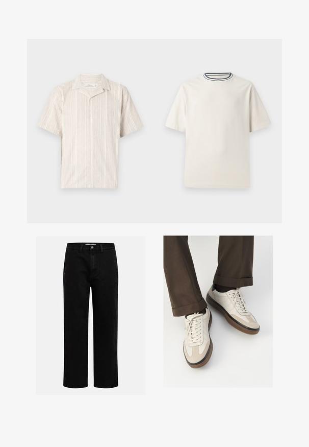 Camicia a maniche corte, con colletto, di colore beige chiaro con strisce verticali; realizzata in misto lino; chiusura frontale con bottoni e tessuto texture.; T-shirt in cotone color crema con maniche corte, caratterizzato da un collo rotondo decorato da righe blu navy e bianche. Tessuto liscio, vestibilità comoda.; Pantaloni in denim nero con taglio dritto, design classico a cinque tasche e chiusura con bottone in vita. Tessuto liscio e materiale resistente.; Sneakers beige con una parte anteriore in suede testurizzato, lati in pelle liscia e una suola in gomma marrone. Inclusi lacci e dettagli di cucitura leggera.