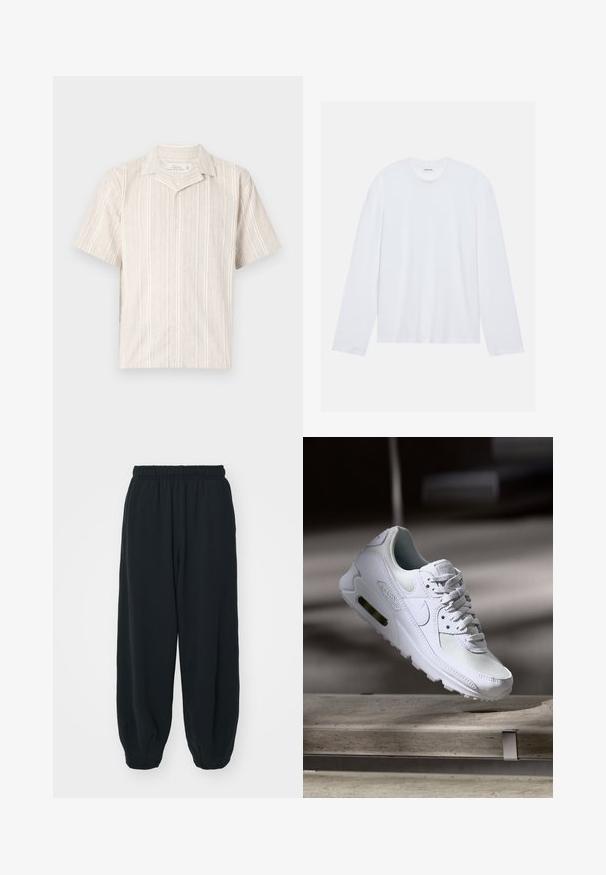Kortærmet skjorte med krave i lysebeige med lodrette striber; lavet af en blanding af linned; knaplukning foran med struktureret stof.; Hvid langærmet t-shirt lavet af bomuld. Har en klassisk rund halsudskæring og hængende skuldersømme, med en glat, ensfarvet tekstur.; Sorte svedbukser med elastisk talje, løs pasform, afsluttede ankler, glat tekstur og uden synlige mønstre eller hardware-detaljer.; Hvide Nike Air Max 90 sneakers med en overdel i mesh og læder, perforeret tåboks og en synlig luftenhed i hælen.