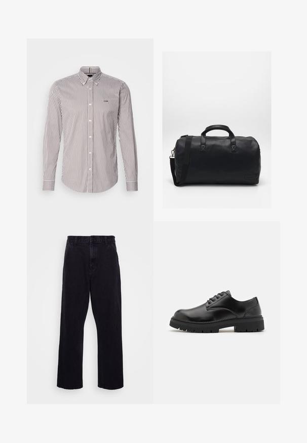 BOSS ROAN SLIM FIT - Ing - brown; Fehér pamut póló rövid ujjakkal, kerek nyakkivágással és sima textúrával. Egyszerű dizájn, minták vagy grafikák nélkül.; Fekete farmernadrág egyenes szárú kialakítással, gombos és cipzáros záródással, övzőkór és minimális varrási részletekkel.; Fekete bőrcipő, lekerekített orral, fűzős kialakítással és vastag, texturált gumitalppal. Az élek mentén varrás található, és sima felülete van.; Fekete sporttáska textúrált szintetikus anyagból. Két fogantyúval és állítható vállpánttal rendelkezik. Egyszerű kialakítás, látható minták nélkül.