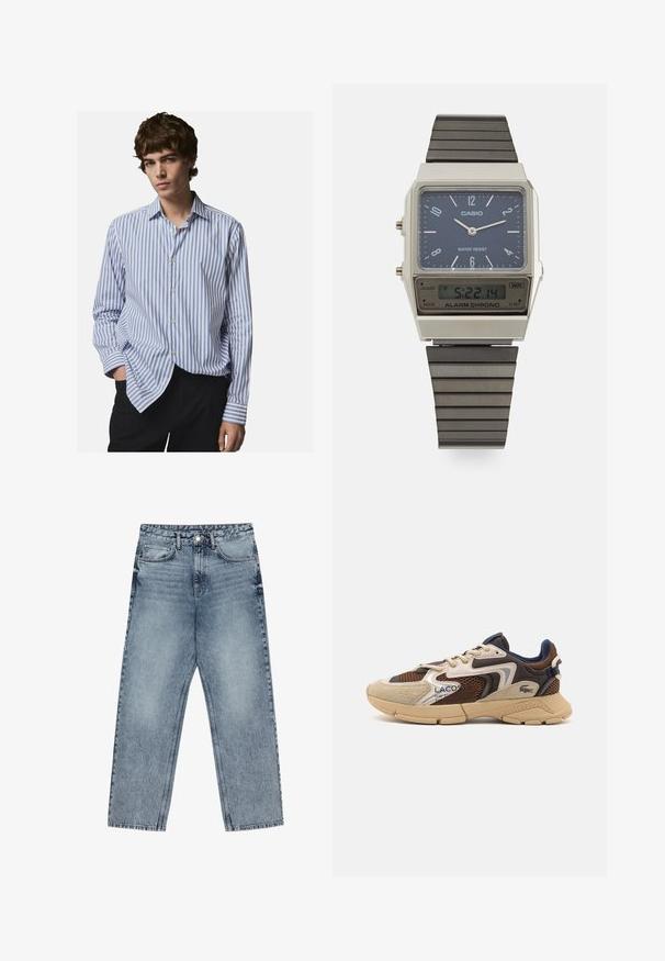 Prajčasta srajca z gumbki v beli in modri barvi. Ima klasičen ovratnik, dolge rokave in sproščen fit. Mehka tkanina z rahlim sijajem.; Svijetloplave traperice s ravnim krojem, vidljivim šavovima, dizajnom od pet džepova i kopčanjem na gumbu u struku.; Bež in rjav športni copat z teksturiranimi mrežastimi paneli, nubukastimi detajli in gumijastim podplatom. Obsegajo zasnovo na vezalke in blagovno znamko.; Casio digitalna ura z modrim številčnikom, srebrnim ohišjem in večplastnim črnim gumijastim trakom. Prikazuje čas in nastavitve alarma. Vodoodporna.