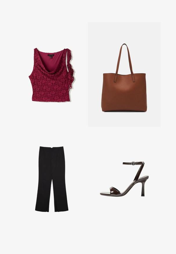 Bordo čipkast vrh z drapiranim izrezom, z gladkim notranjim podlogom in asimetričnimi čipkastimi naramnicami. Teksturni cvetlični vzorec po celotni površini.; Črne hlače ravnega kroja z naglavnimi žepi in stranskimi razporki na robu. Narejene iz mehke, gladke tkanine. Primerne za različne priložnosti.; Rjave visokosprti sandali iz pateniranega usnja z zaponko okoli gležnja, odprto konico in eleganten, minimalističen dizajn. Imajo kvadratno peto.; Rjava usnjena torba z gladko teksturo, odprto zasnovo zgoraj in dvema naramnima trakovoma. Opremljena je z minimalnim šivanjem in brez vidnih kovinskih delov.