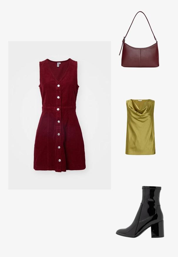 Bezramenný top v olivově zeleném saténu, s drapovaným lodičkovým výstřihem a hladkou texturou. Jednoduchý střih se rovnými lemy.; ONLY ONLMOXIE DRESS - Denní šaty - cabernet; Černé lakované kotníkové boty s hladkým povrchem, špičatou špičkou a strukturovaným blokovým podpatkem. Obsahují design bez zipu a kontrastní švy.; Vínová kožená kabelka s zakřiveným tvarem, jediným ramenním popruhem a prošíváním ve středu. Hladký povrch, minimální kovové prvky.