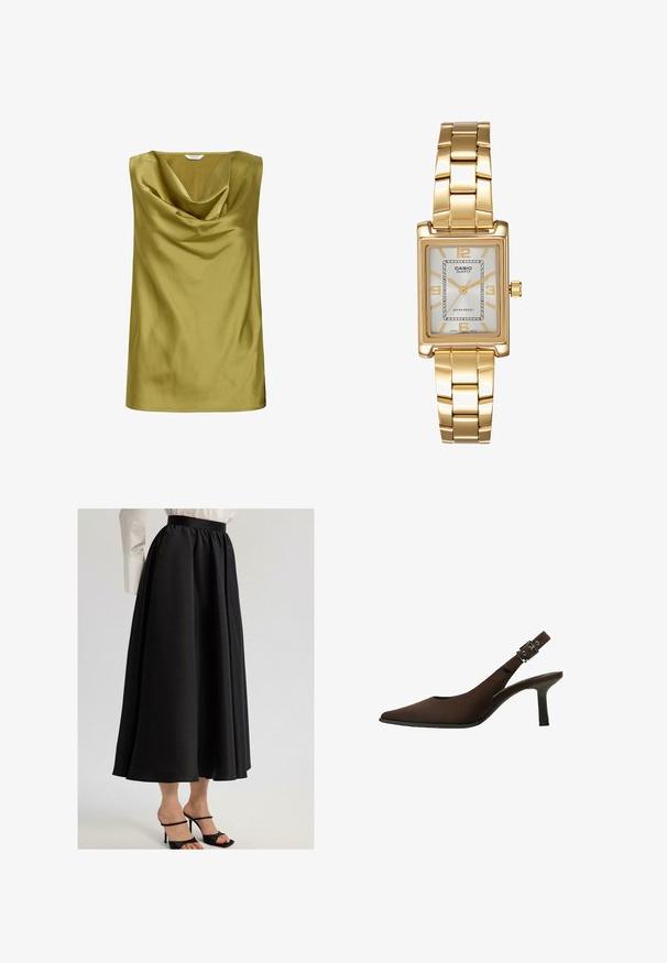 Top brez naramnic v olivno zeleni barvi iz satena, s drapiranim cowl izrezom in gladko teksturo. Preprost kroj z ravnim robom.; Črna dolga krila iz gladkega materiala, ki imajo zbrano pasnico in sproščen dizajn, kombinirana s črnimi sandali na peto.; Rjav semiš slingback pump s koničastim nosom, elegantno zasnovo, tankim petam in zaponko na angleškem traku.; Zlato obarvana pravokotna ročna ura z belo številčnico, srebrnimi kazalci in trdno kovinsko zapestnico. Vključena je vodoodporna funkcija.