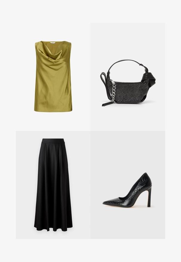 Top senza maniche in satin verde oliva, con scollo drappeggiato e texture liscia. Forma semplice con orlo dritto.; Gonna nera lunga fino al pavimento con una texture liscia, vita alta ampia e design plissè, priva di motivi visibili o decorazioni.; Scarpa nera con punta a punta alta in pelle di coccodrillo, caratterizzata da un design elegante, alto tacco a spillo e interno nero liscio.; Borsa nera con decorazioni a borchie, una tracolla a catena e un manico in pelle liscia, dalla forma rotonda e con scomparto con zip.