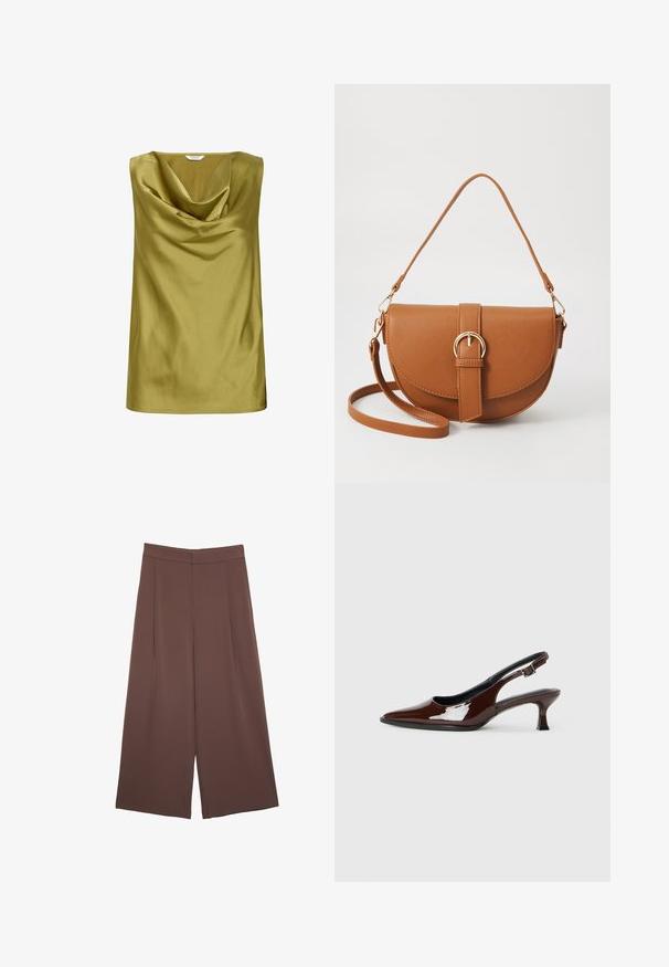 Sleeveless top in olive green satin, featuring a draped cowl neckline and smooth texture. Simple shape with a straight hem.; Brown wide-leg trousers with a smooth texture, featuring a high waist and front pleats. The fabric is lightweight and flows loosely.; Brown patent leather slingback shoe with a pointed toe and a moderate heel. Features a buckle strap for secure fit. Smooth texture.; Brown leather crossbody bag with a curved shape, gold hardware, and a buckle accent. Features a detachable shoulder strap.