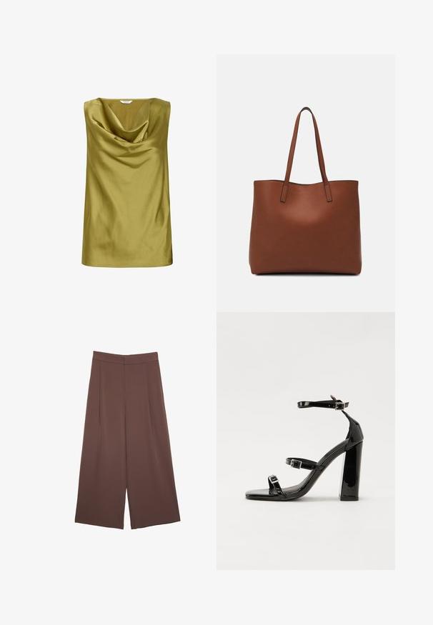 Mouwloze top in olijfgroen satijn, met een gedrapeerde kraag en een soepele textuur. Eenvoudige vorm met een rechte zoom.; Bruine wijde broek met een gladde textuur, voorzien van een hoge taille en plooien aan de voorkant. De stof is lichtgewicht en valt losjes.; Zwarte gepatenteerde sandalen met hak en een vierkante neus, enkelbandjes en zilveren gespen. Heeft een stevige blokhak voor stabiliteit.; Bruine leren tote bag met een gladde textuur, een ontwerp met een open bovenkant en twee schouderbanden. Kenmerkt zich door minimale stiksels en geen zichtbare hardware.