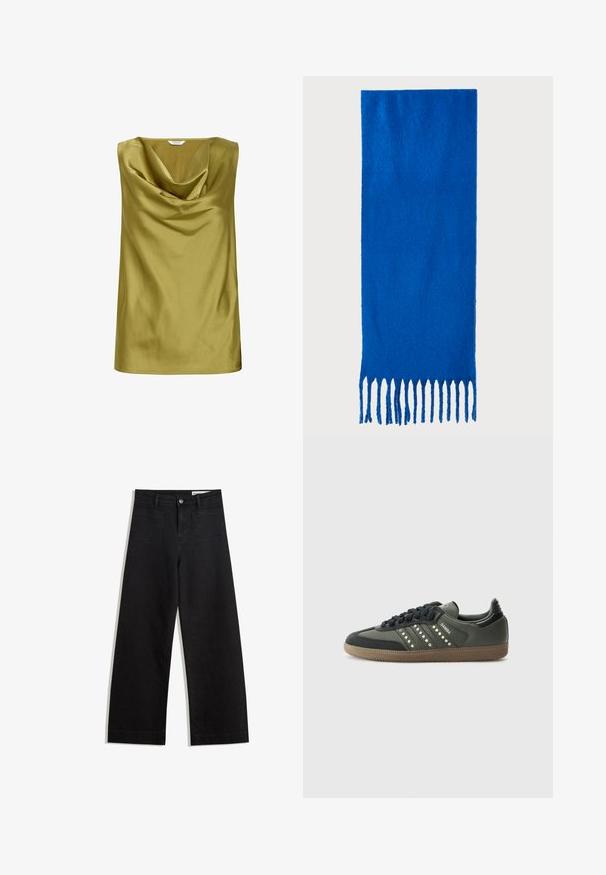 Ärmelloses Oberteil aus olivgrünem Satin, mit einem drapierten Cowl-Ausschnitt und glatter Textur. Schlichte Form mit geradem Saum.; Schwarze weit geschnittene Jeans mit hoher Taille, ausgestattet mit Vorder- und Hintertaschen, gesteppten Nähten und einem Knopfverschluss. Glatte Textur.; adidas Originals SAMBA OG - Sneaker low - core black/legend earth/gum; Blauer gefranster Schal aus weichem Stoff; hat eine einfarbige Oberfläche mit strukturierter Textur und gleichmäßig geschnittenem Fransen am unteren Ende.