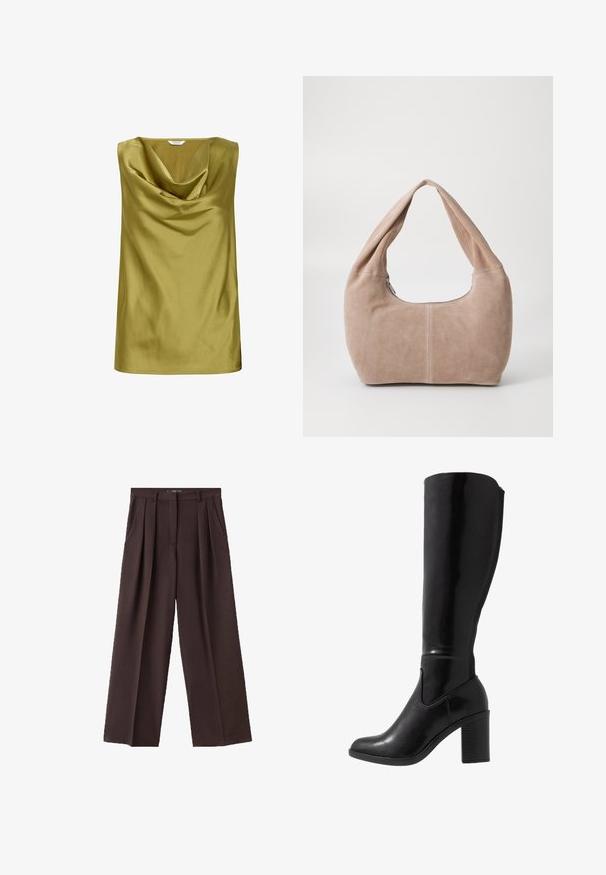 Ärmklänning i olivgrön satäng, med en draperad cowl-krage och mjuk textur. Enkel form med rak nederkant.; Bruna vida byxor i texturerat tyg, med framveck, sidofickor och en klassisk midjebandsdesign.; Knähöga svarta blanka stövlar med klack, rund tå, slät yta, sidoutskärning och en kraftig klack.; Hobo-väska i mjukt mockamaterial i en ljusbeige färg. Har en rundad form med ett brett axelband och dragkedjestängning.