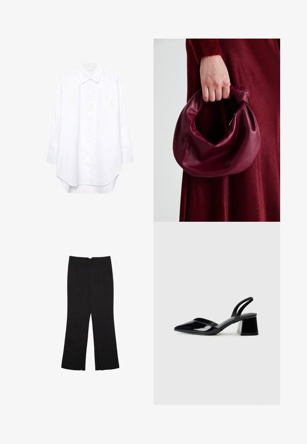 Bílá košile s dlouhým rukávem a zapínáním na knoflíky, s špičatým límcem a zakulaceným lemem, vystavená na jednobarevném pozadí.; Černé kalhoty s rovným střihem, s předními kapsami a bočními rozparky na lemu. Vyrobené z jemné, hladké tkaniny. Vhodné na různé příležitosti.; Černé lakované kožené lodičky na pásku s špičatou špičkou a geometrickým blokovým podpatkem. Vyznačují se elegantním, minimalistickým designem a hladkým povrchem.; Burgundská kožená kabelka s měkkým, nabíraným designem a zaobleným tvarem. Ucho je zajištěné a vykazuje hladkou texturu.