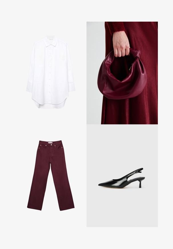 Bela srajca z dolgimi rokavi z gumbi, s koničastim ovratnikom in ukrivljenim robom, prikazana na enobarvnem ozadju.; Bordo visokokotne traperice s ravnim nogavicam, ki vključujejo sprednje žepke, gumbasto zapiranje in detajle iz bakrenega tona.; Črne patentne usnjene slingback pete s koničastim nosom, tankim petam in nastavljivim trakcem z zaponko. Gladka tekstura z minimalnimi detajli.; Bordo usnjeni ročni torbici s mehak, nabrana zasnova in okrogla oblika. Ročaj je varen in prikazuje gladko teksturo.