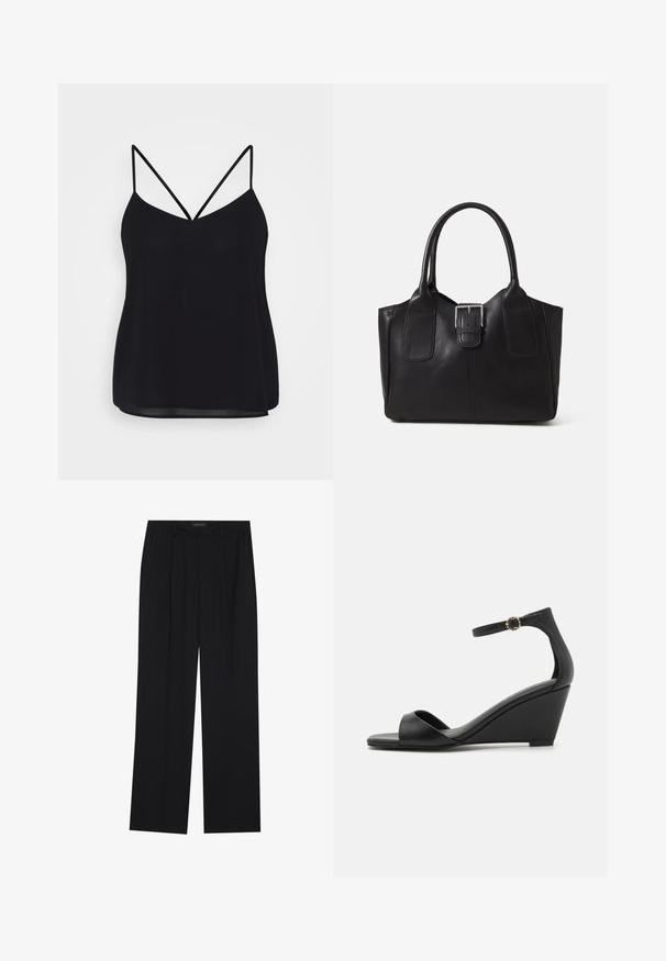 Melna krekliņa ar regulējamiem plāniem siksniņām, V veida dekoltē un gludu, nedaudz caurspīdīgu audumu. Ikdienas dizains ar brīvu piegriezumu.; Melni bikses ar taisnu kāju dizainu, kurām ir divi priekšējie kabatas un jostasvieta. Izgatavotas no gludas, vieglas auduma.; Melnas klinšu sandales ar gludu, matētu ādas virsējo daļu, atvērtu purngali un plānu potītes siksnu, kurai ir dekoratīvais sprādze.; Melnas ādas somiņa ar gludu tekstūru, strukturētu formu, divām rokturām un izteiktu sudraba sprādzi priekšpusē.; Zelta auskari ar gludu, noapaļotu dizainu. Iekļauj mazu eņģu aizdari, vieglu izskatu un pulētu apdari.