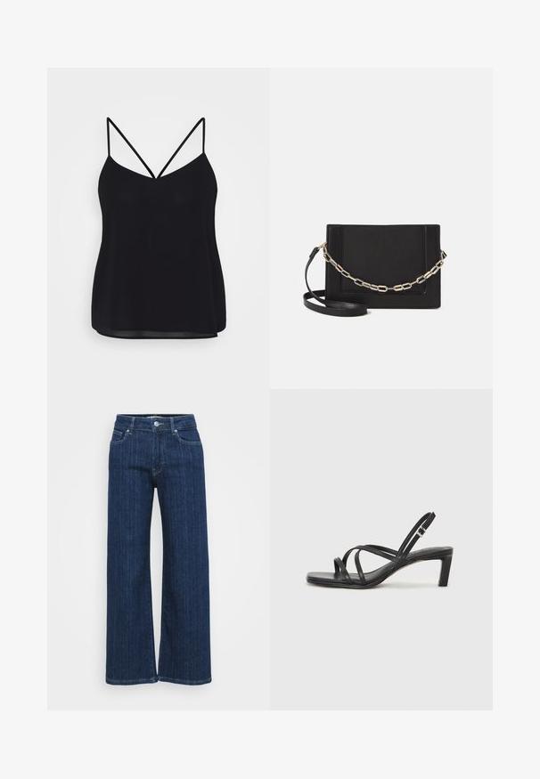 Crna majica na bretele s podesivim tankim trakama, V-izrezom i glatkim, blago prozirnim materijalom. Opušteni dizajn s ležernim krojem.; Tamno plave široke traperice od denima, s medijasnim strukom, dva prednja džepa i šavovima s prošivenim detaljima.; Crne sandale s trakama, kvadratnim prstom i niskom blok petom. Ima više tankih trakica i podesivu trakicu oko gležnja. Izrađene su od glatke kože.; Crna kožna torba preko tijela s glatkom teksturom, pravokutnim oblikom i metalnim lancem na prednjoj strani. Uključena je podesiva naramenica.