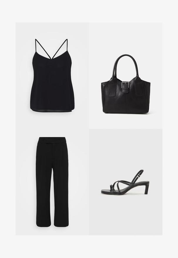 Musthave mustripsiga must top, V-kaelus ja sile, veidi läbipaistev materjal. Mugav disain ja lõtv sobivus.; Mustad laiad püksid, mis on valmistatud siledast kangast, sirge esiotsaga, vööloopide ja nähtamatute taskuteta. Puhtad, vormikohased jooned.; Mustast rihmajalatsid ruudukujulise varba ja madala ploki kontsaga. Omab mitmeid õhukesi rihmasid ja reguleeritavat pahkluu rihma. Valmistatud siledast nahast.; Mustgamma nahast kott, millel on sile tekstuur, struktureeritud kuju, kaks käepidet ja esiküljel silmapaistev hõbedane pandla detail.