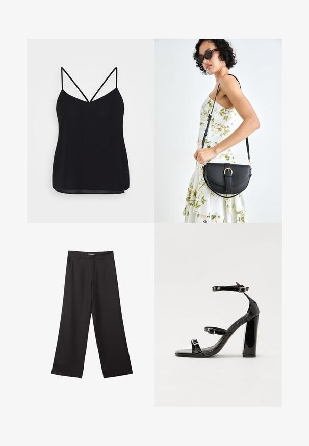 Čierny top na ramienka s nastaviteľnými tenkými popruhmi, V-výstrihom a hladkou, jemne priesvitnou látkou. Neformálny dizajn s uvoľneným strihom.; Čierne široké nohavice vyrobené z hladkej tkaniny, so zipsom vpredu a dvoma bočnými vreckami, s prispôsobeným strihom a minimalistickým dizajnom.; Čierne lakované sandále na podpätku so štvorcovou špičkou, navlečenými remienkami okolo členku a striebornými prackami. Disponujú masívnym blokovým podpätkom pre stabilitu.; Čierna kožená kabelka s zaobleným tvarom, odnímateľným popruhom a zlatými doplnkami. Kabelka má klopu s detailom s prackou.