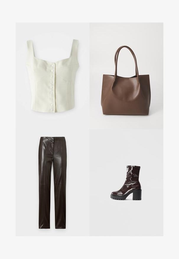 Top cropped sem mangas, na cor creme, com alças largas e uma fileira frontal de pequenos botões brancos ao centro.; Calças de couro de perna straight, castanho-escuro, com um acabamento suave e detalhes de costura subtil ao longo da frente.; Bota de tornozelo burgundy brilhante com um salto preto robusto, apresentando uma textura suave e um design simples. Sem fechos ou padrões visíveis.; Bolsa tote de couro castanho com duas alças longas, forma estruturada, textura suave e design minimalista. Sem hardware ou acentos visíveis.