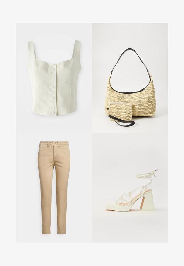 Kremna brezrokavna kratka majica s širokimi naramnicami in sprednjim delom, kjer je vrsta majhnih belih gumbov po sredini.; Bež bombažne hlače chino s talično krojem, z zapiranjem na gumb, sprednjimi žepi in šivanimi detajli vzdolž šivov.; Bela sandala na visokih petah s debelim petam, ki ima obliko trakcev in vezanje okoli gležnja. Gladka tekstura z platformo spredaj za dodatno višino.; Tkana torbica iz slame s zakrivljenim siluetom, ki vključuje gladek črn usnjen trak in usklajen majhen žep, pritrjen z ročajem za zapestje.