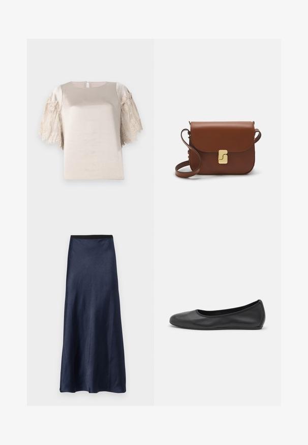 Beige top with short, lace-trimmed sleeves; smooth texture with a round neckline and a keyhole back opening.; Navy satin midi skirt with a smooth texture, flared design, and a black elastic waistband. No patterns or visible hardware.; Black leather ballet flat with a rounded toe, smooth texture, minimal stitching detail, and a flexible sole design.; Brown leather handbag with a flap closure, gold-tone hardware, a shoulder strap, and a smooth texture. Compact rectangular shape.