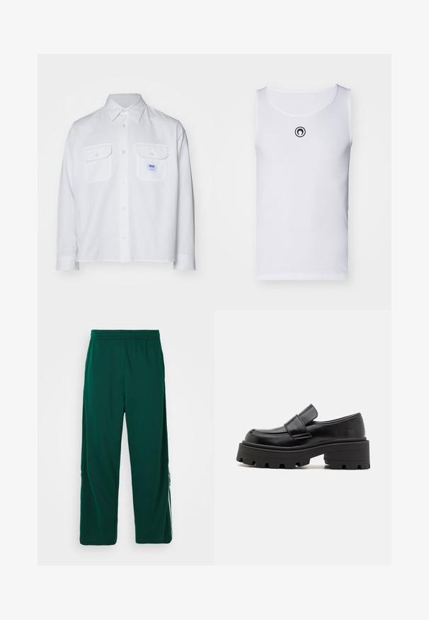 Hvit langermet skjorte laget av bomull, med to brystlommer og krage med knapper. Inkluderer en liten blå merkeetikett på venstre lomme.; Hvit ermeløs tanktop laget av ribbestrikket stoff, med rund halsringning og en liten svart logo på brystet.; Grønne, lette, elastiske bukser med afslappet pasform. Har sidelommer og hvid stribe detaljering langs siderne.; Svarte skinnloafers med en kraftig gummisåle, med en hevet plattform og en stropp over fotryggen. Glatt tekstur og avrundet form.