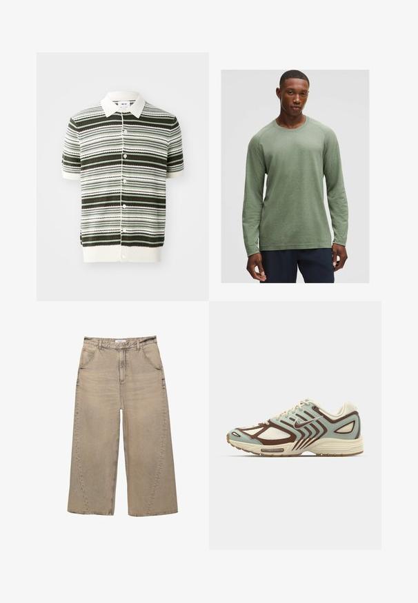 Kortærmet strikket polo shirt i hvid, grøn og brun striber. Har krave, knaplukning foran og ribbet kant ved nederste del og ærmer.; Langærmet skjorte i afdæmpet grøn med et struktureret mønster, rund halsudskæring og raglanærmer, lavet af blødt, letvægtsstof.; PULL&BEAR MEGA BAGGY - Baggy jeans - light grey; Lyseblå og brun sneaker med et tekstureret netoverdel, lagdelt design, reflekterende detaljer og en polstret crème mellemsål.