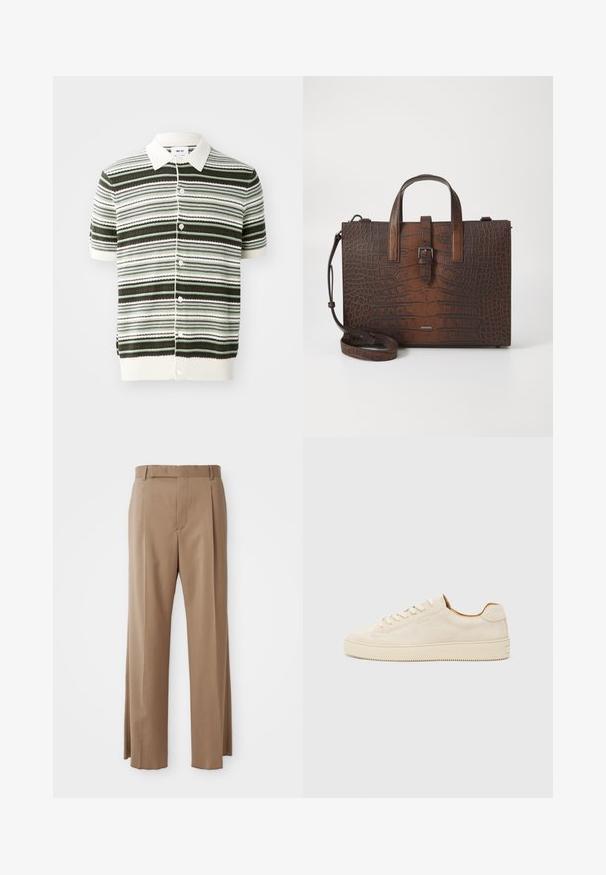 Short-sleeve knitted polo shirt in white, green, and brown stripes. Features a collared neck, button front, and ribbed hem and sleeves.; Light brown tailored trousers with straight legs, belt loops, front seam, and concealed fastening, displayed flat on white background.; Beige suede sneaker with a low-top design, round toe, flat laces, and a textured rubber sole. Minimalist style with no visible logos.; Brown crocodile-embossed leather handbag with top handles and a detachable shoulder strap. Features a buckle closure and rectangular shape.