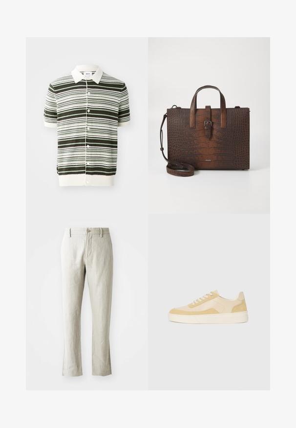 Short-sleeve knitted polo shirt in white, green, and brown stripes. Features a collared neck, button front, and ribbed hem and sleeves.; Light beige linen trousers with a straight cut, subtle texture, front button closure, and two side pockets. Tailored for a clean silhouette.; Sneakers in light yellow suede and leather, featuring a cushioned sole and stitched accents. Classic lace-up design with a rounded toe.; Brown crocodile-embossed leather handbag with top handles and a detachable shoulder strap. Features a buckle closure and rectangular shape.