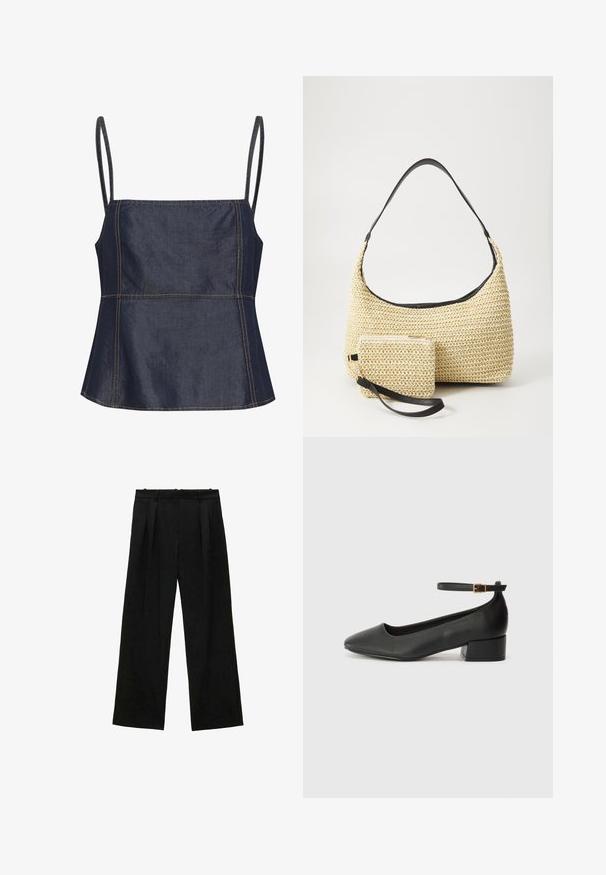 Dark denim sleeveless top with a square neckline, angular sections, and visible stitching accents. Flat, smooth texture.; Black wide-leg trousers with pleats, featuring a smooth texture and a high waist design. Minimalist style, no visible hardware or embellishments.; Black leather pump with a pointed toe and a low block heel. Features an ankle strap with a gold-tone buckle. Smooth texture.; Woven straw handbag with a curved silhouette, featuring a smooth black leather strap and a matching small pouch attached by a wrist strap.