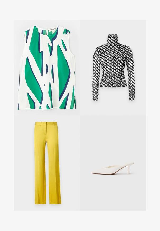 Top bez rukávů z lehkého materiálu, s odvážným zeleno-námornickým abstraktním vzorem na bílém pozadí. Kulatý výstřih s klíčovou dírou na zádech.; Dlouhý rukáv s rolákem z průhledné černé látky s opakujícím se bílým vzorem řetězu. Přiléhavý střih s jemným řasením v pase.; Kalhoty se širokými nohavicemi v jasně žluté barvě, vyrobené z hladké látky. Mají přední kapsu a přizpůsobený pas pro strukturovaný vzhled.; Bílé muly s špičatou špičkou a nízkým jehlovým podpatkem. Vyrobené z hladkého materiálu s minimalistickým designem a jemným detailním pro tanovou podrážku.