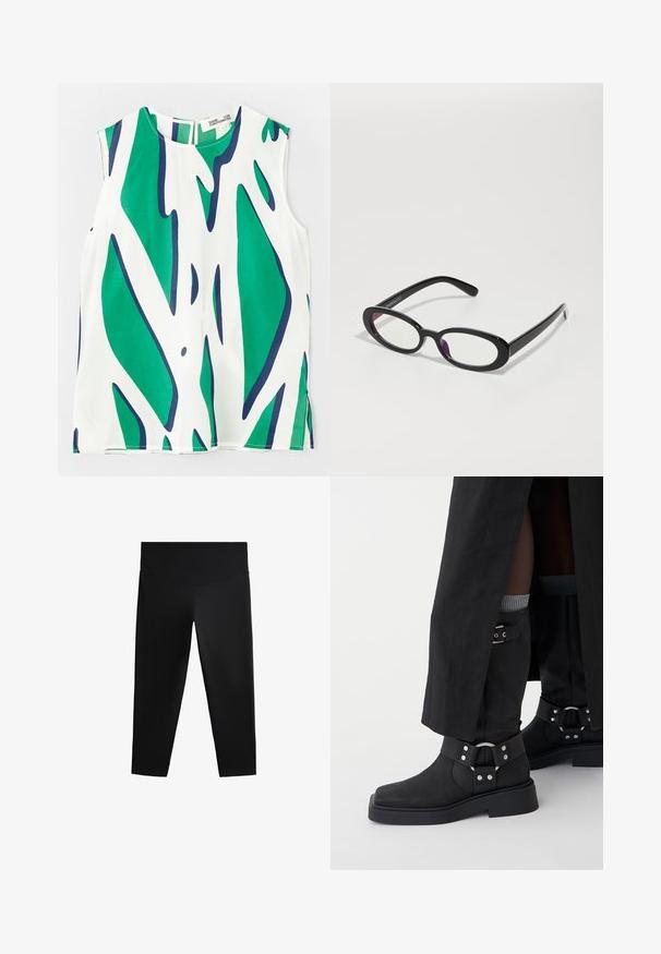 Mouwloos topje van lichtgewicht stof, met een gedurfde groene en marineblauwe abstracte print op een witte achtergrond. Ronde halslijn met een sleuf aan de achterkant.; Zwarte top met lange mouwen en een geribbelde textuur, met grote roze lelies en groene bladeren die op de voorkant zijn gedrukt. Lichtgewicht stof.; Zwarte sportleggings met een hoge tailleband, een soepele stof en een aansluitende pasvorm, ontworpen voor bewegingsgemak en comfort.; Zwarte enkellaarzen van leer met een matte afwerking, een vierkante neus en decoratieve gespen. De zool is chunky en textuur aangebracht.; Ovale zwarte bril met heldere lenzen, met een gladde afwerking en brede pootjes. De lenzen hebben een subtiele paarse tint. Logo aan de zijkant.