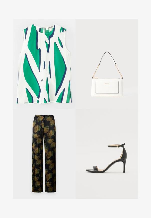 Top senza maniche in tessuto leggero, caratterizzato da un audace motivo astratto verde e blu navy su fondo bianco. Collo rotondo con apertura a chiave sul retro.; Pantaloni larghi neri con stampa di foglie di ginkgo verde e arancio. Il tessuto ha una texture sottile, che enfatizza il motivo su tutta la superficie.; Sandal in pelle nera con tacco alto e cinturino alla caviglia. Caratteristiche: texture liscia, punta aperta e tacco sottile. Dettaglio con fibbia tono oro.; Borsa a tracolla bianca in pelle con un finish testurizzato, dotata di una tracolla in catena dorata e accenti neri. Include una tasca frontale e una chiusura con zip.