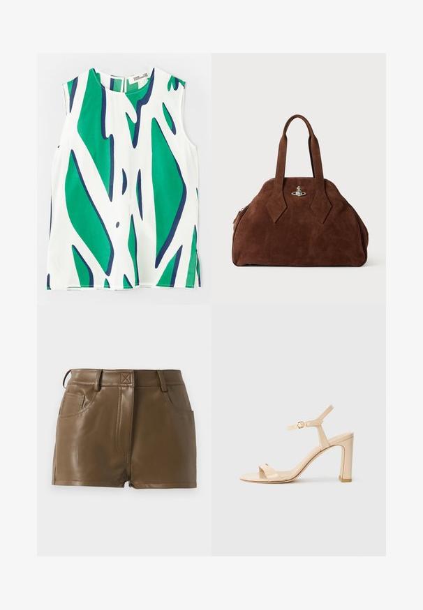 Bez piedurknēm, izgatavots no viegla auduma, ar drosmīgu zaļu un tumši zilu abstraktu rakstu uz baltas fona. Apaļš kakla izgriezums ar caurumiņu aizmugurē.; Brūnas mākslīgās ādas šorti ar piegulīgu dizainu, jostasvieta ar jostu cilpiņām, priekšējām kabatām un redzamām šuvju detaļām.; Beige augstpapēžu sandale ar potītes siksniņu un zelta sprādzi, atvērta purngala un tāfeles papēdis uz baltā fona.; Brūns zamšādas rokassoma ar strukturētu formu, noapaļotu korpusu un pagarinātām dimanta formas rokturiem. Aprīkota ar sudraba krāsas aizdari.